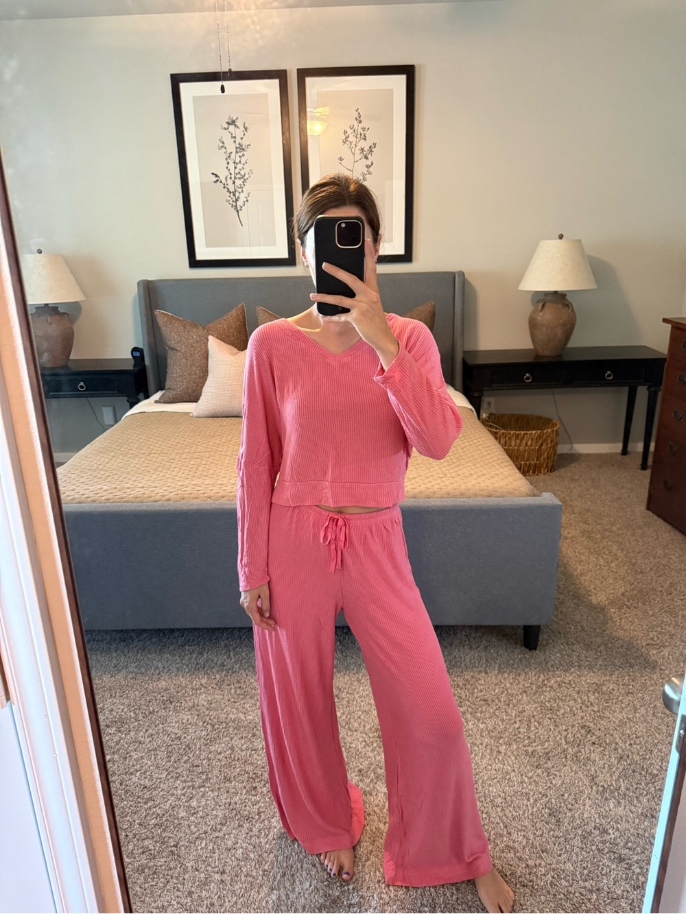 Auden Ribbed V-Neck Two-Piece Lounge Set - Pink